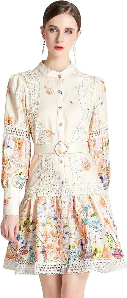 LAI MENG FIVE CATS Women's Summer Puff Sleeve V-Neck Floral Print Casual Swing Mini Dress | Amazon (US)