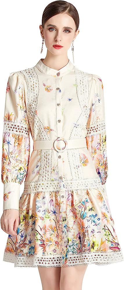 LAI MENG FIVE CATS Women's Summer Puff Sleeve V-Neck Floral Print Casual Swing Mini Dress(Suitabl... | Amazon (US)