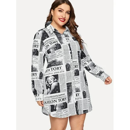 Women s Plus Size Newspaper Print Curved Hem Shirt Dress 321112W231610 | Walmart (US)