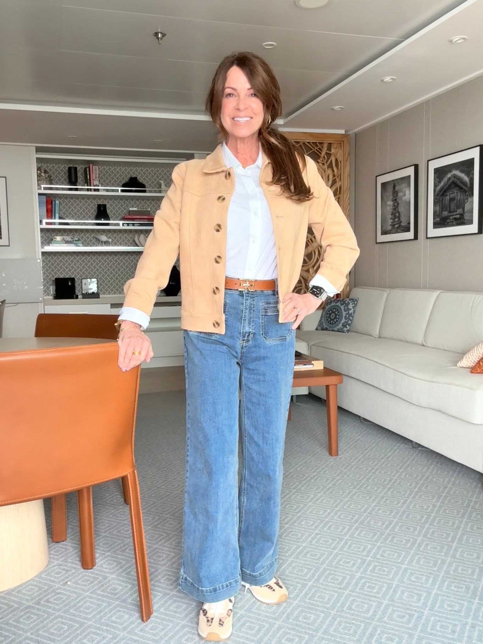 Casual sightseeing outfit of the day. A faux suede camel color jacket, white button down blouse and cropped jeans with patch pockets. Gold bangles with blue stones.

#LTKStyleTip #LTKootd #LTKOver40