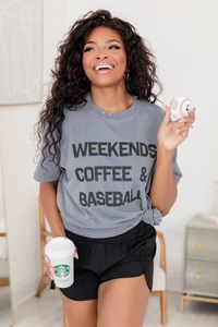 Weekends Coffee and Baseball Grey Oversized Graphic Tee | Pink Lily