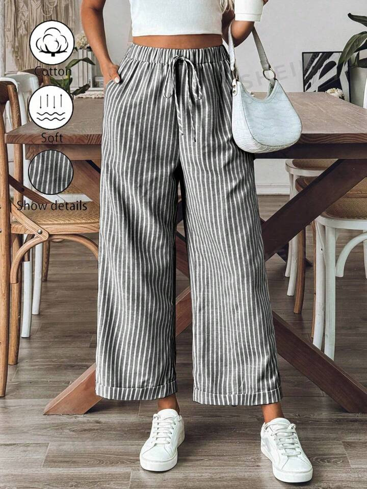 SHEIN VCAY Women's Casual Striped Straight-Leg Pants For Daily Wear | SHEIN