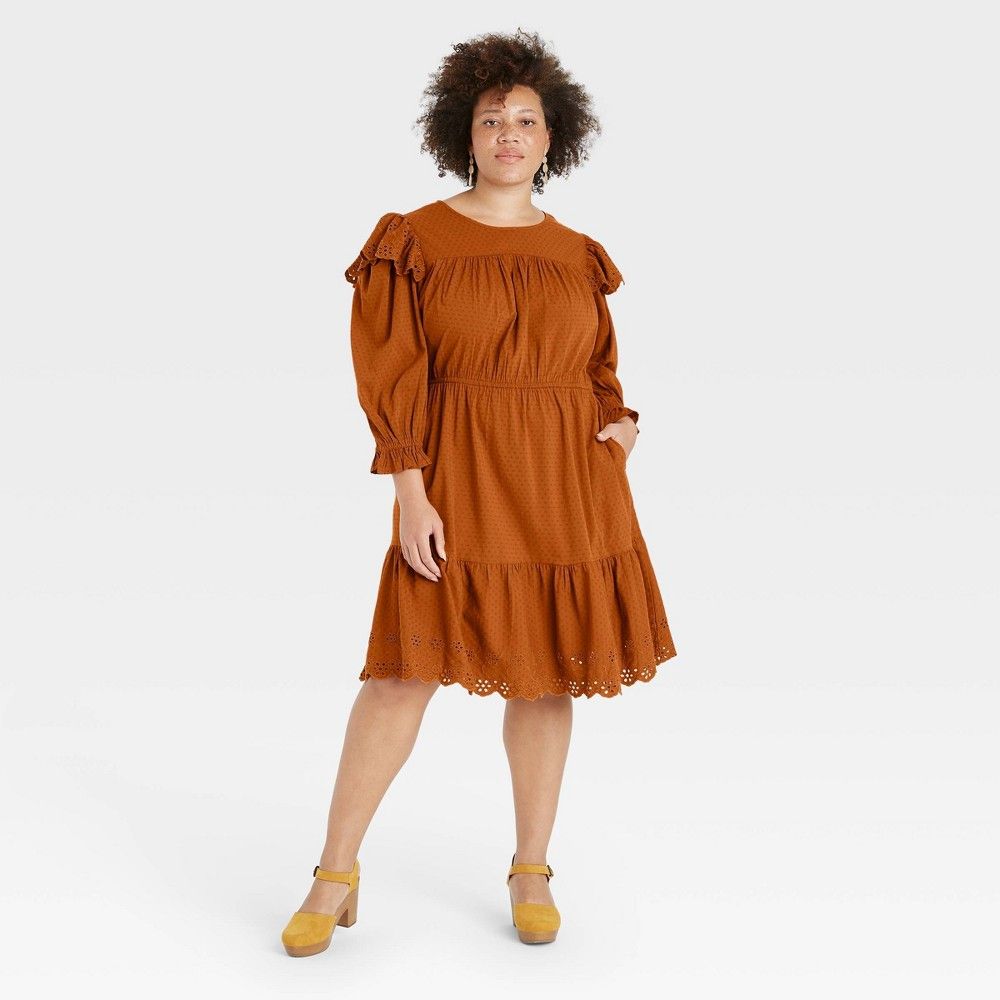 Women's Plus Size Puff Long Sleeve Ruffle Dress - Universal Thread Rust 2X, Red | Target
