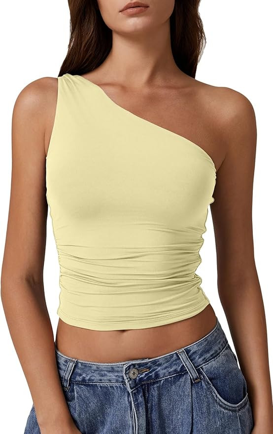 QINSEN Women's One Shoulder Tank Tops Double Lined Sleeveless Slim Fit Cropped Tee Shirt Y2k Tops | Amazon (US)