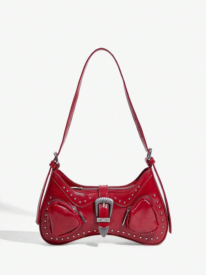 SHEIN ICON Women's Fashionable Vintage Red Rivet Shoulder Bag, Y2k, Street Style, Shopping Bag, P... | SHEIN