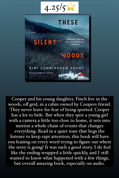 66. These Silent Woods by Kimi Cunningham Grant :: 4.25/5⭐️ Cooper and his young daughter, Finch live in the woods, off grid, in a cabin owned by Coopers friend. They never leave for fear of being spotted. Cooper has a lot to hide. But when they spot a young girl with a camera a little too close to home, it sets into motion a whole chain of events that changes everything. Read in a quiet tone that begs the listener to keep rapt attention, this book will have you leaning on every word trying to figure out where the story is going! It was such a good story. I do feel like the ending wrapped a little quickly, and I still wanted to know what happened with a few things, but overall amazing book, especially on audio. 

#LTKTravel #LTKHome