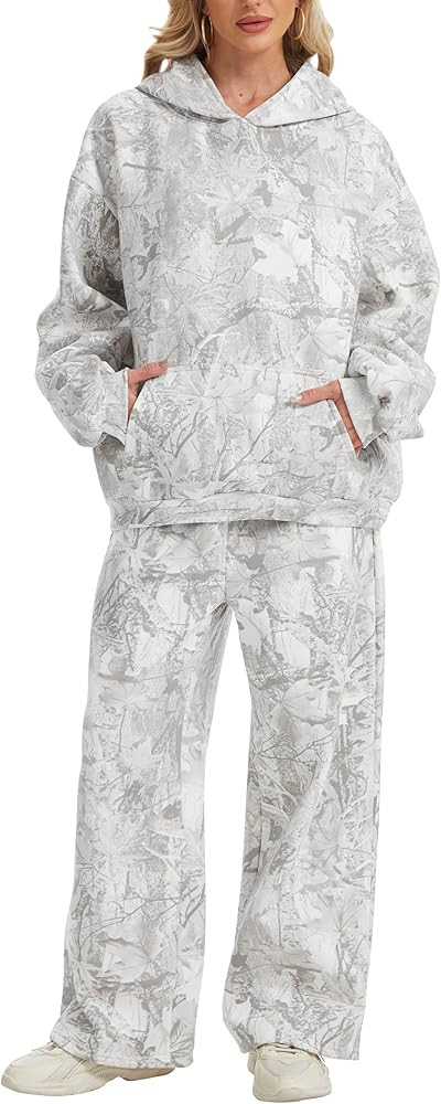 Womens 2 Piece Sweatsuits Fall Outfits Oversized Camo Hoodie Wide Leg Sweatpants Travel Lounge Ma... | Amazon (US)
