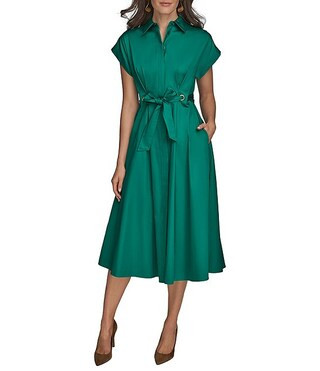 Cotton Sateen Collared Neck Short Sleeve Tie Sash Belt Midi Shirt Dress | Dillard's
