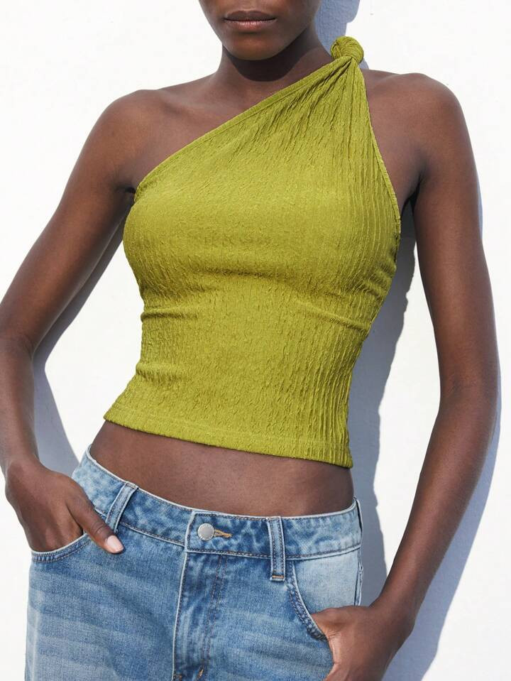 Maija Women's Mustard Green Sleeveless Bodycon Sweater, Spring/Summer 2025, Twists Shoulder Accen... | SHEIN