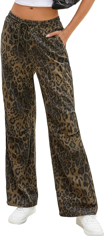 Ladyful Wide Leg Leopard Print Jeans for Women High Waisted Boyfriend Denim Pant Drawstring | Amazon (US)