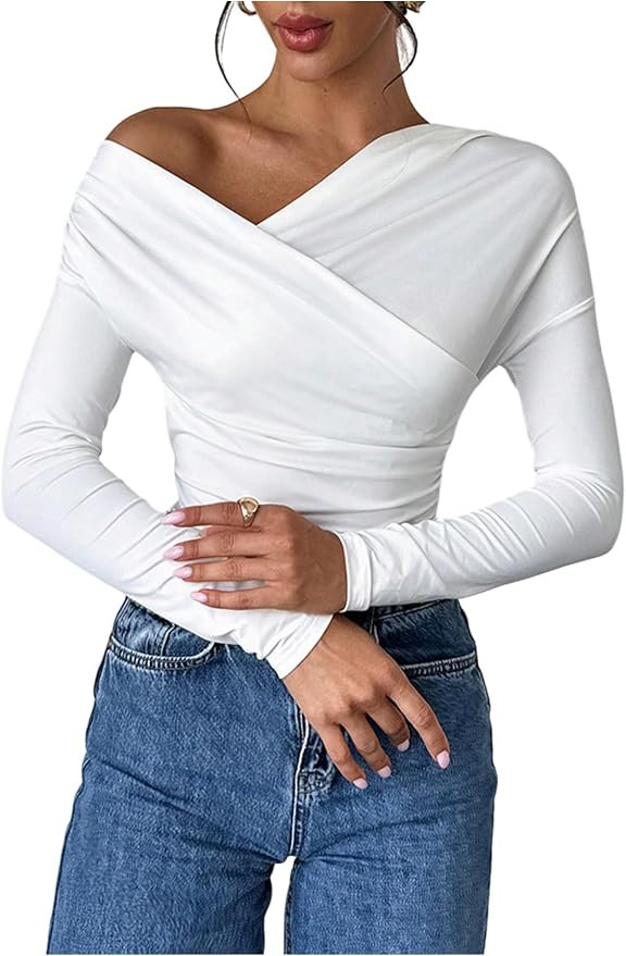Milumia Women's Ruched One Shoulder Tops Cross Wrap Neck Long Sleeve Slim Tee Shirts | Amazon (US)