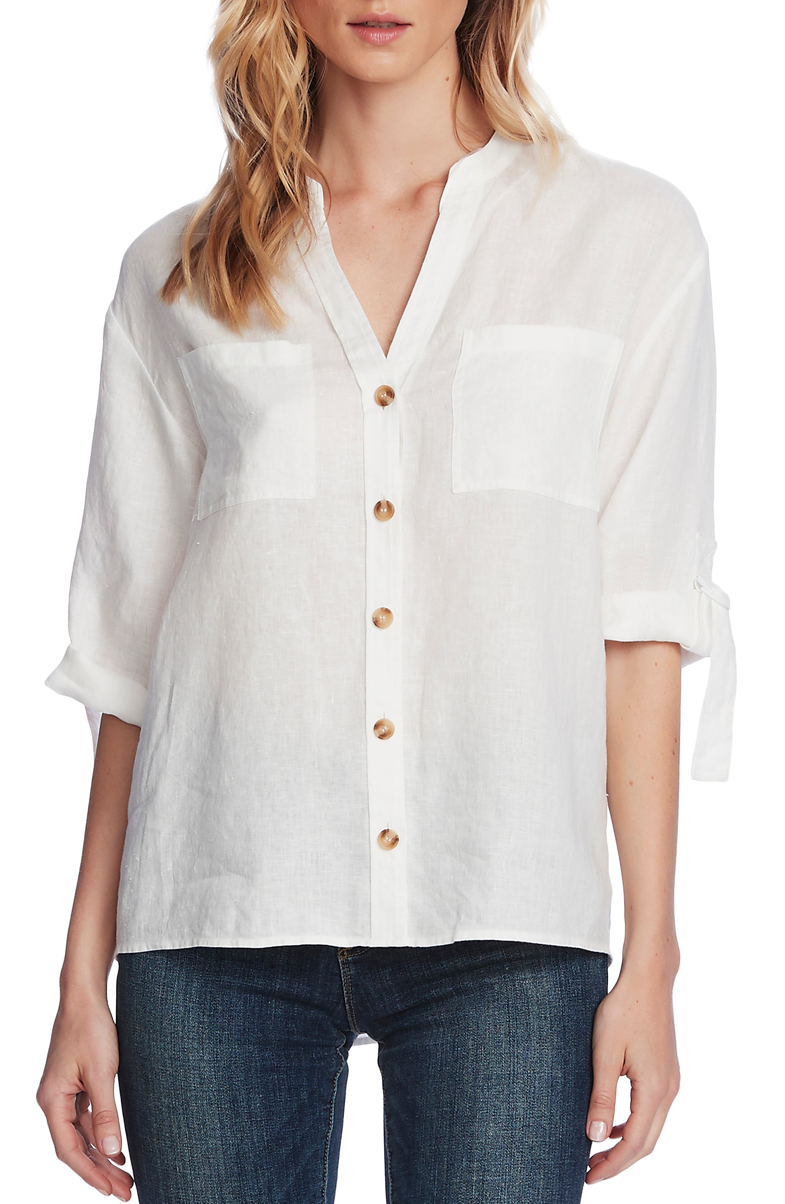 Women's Vince Camuto Roll Tab Linen Button-Up Shirt, Size Medium - White | Nordstrom