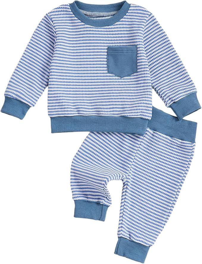 Baby Boy Toddler Fall Outfit Striped Sweatshirt Toddler Boy Winter Waffle Clothes 3 6 12 18 Month... | Amazon (US)