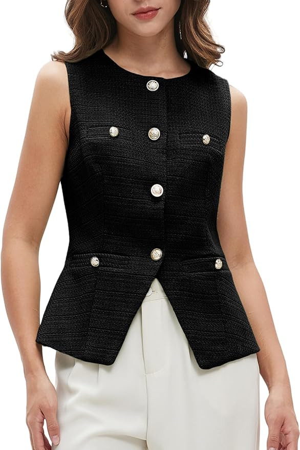 Women's Tweed Blazer Vest Sleeveless Button Front Casual Blazer Jackets Work Office Vest | Amazon (US)