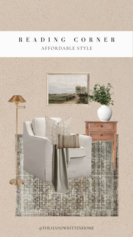 Amber interiors inspired reading corner!

Slipcover swivel chair with a brass adjustable arm floor lamp is perfect for a corner in the living room or the sitting area in a master bedroom!

Morgan rug in navy/sand
Amber interiors 
Amber interiors dupe
Loloi rug sale
Natural wood side table
Brass lamp
Kilim pillow cover

#LTKFind #LTKhome #LTKsalealert