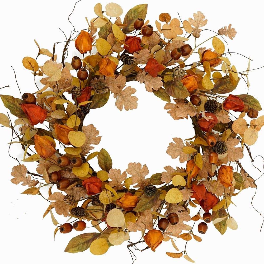 Artificial Fall Wreath for Front Door Autumn Wreath with Golden Eucalyptus Leaves,Oak Leaves for ... | Amazon (US)