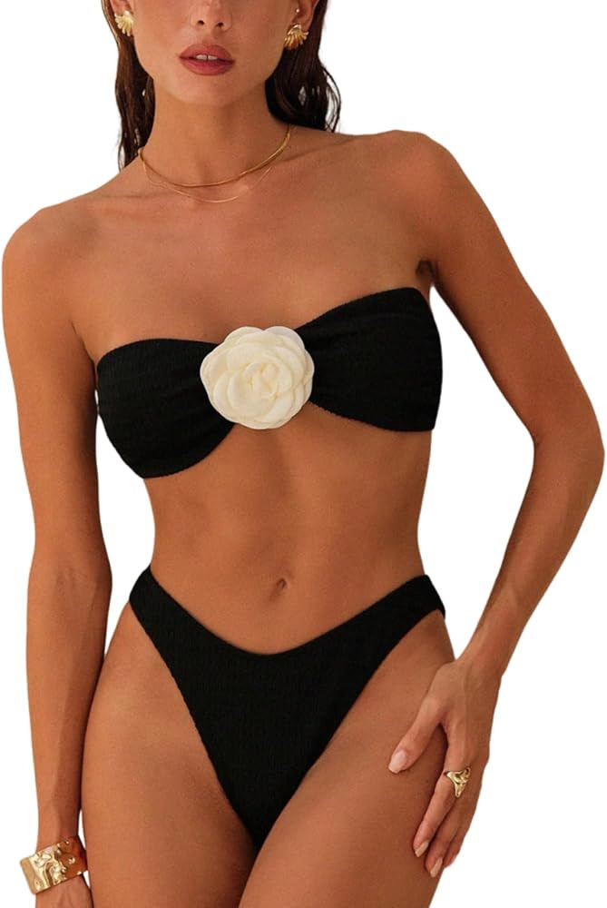 Floerns Women's 2 Piece High Cut Bikini Sets Elegant Bandeau 3D Floral Top with Thong Bathing Sui... | Amazon (US)