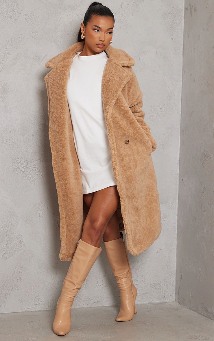 Camel Premium Teddy Bear Borg Coat | PrettyLittleThing US