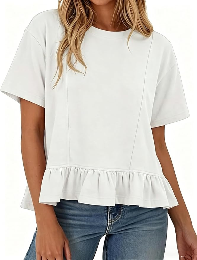 Women Summer Short Sleeve T-Shirts Ruffled Peplum Hem Knit Tee Crew Neck Badydoll Pleated Tops | Amazon (US)