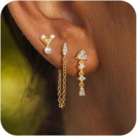 Gold Earrings for Women, Trendy Pearl Earrings 14k Gold Errings Set Dangle Drop Hoops Huggies Ear... | Amazon (US)