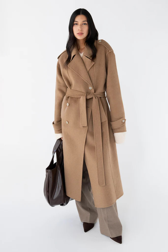 BRUSHED WOOL-BLEND BELTED COAT | OAK + FORT