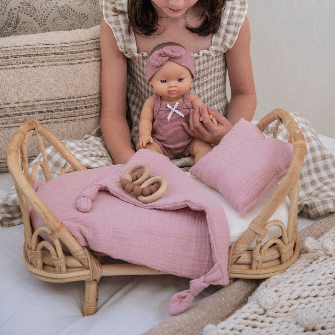 Millie Rattan Doll Bed & Mattress | Custom Cotton Muslin Bedding | Baby Doll Furniture | Etsy (US)