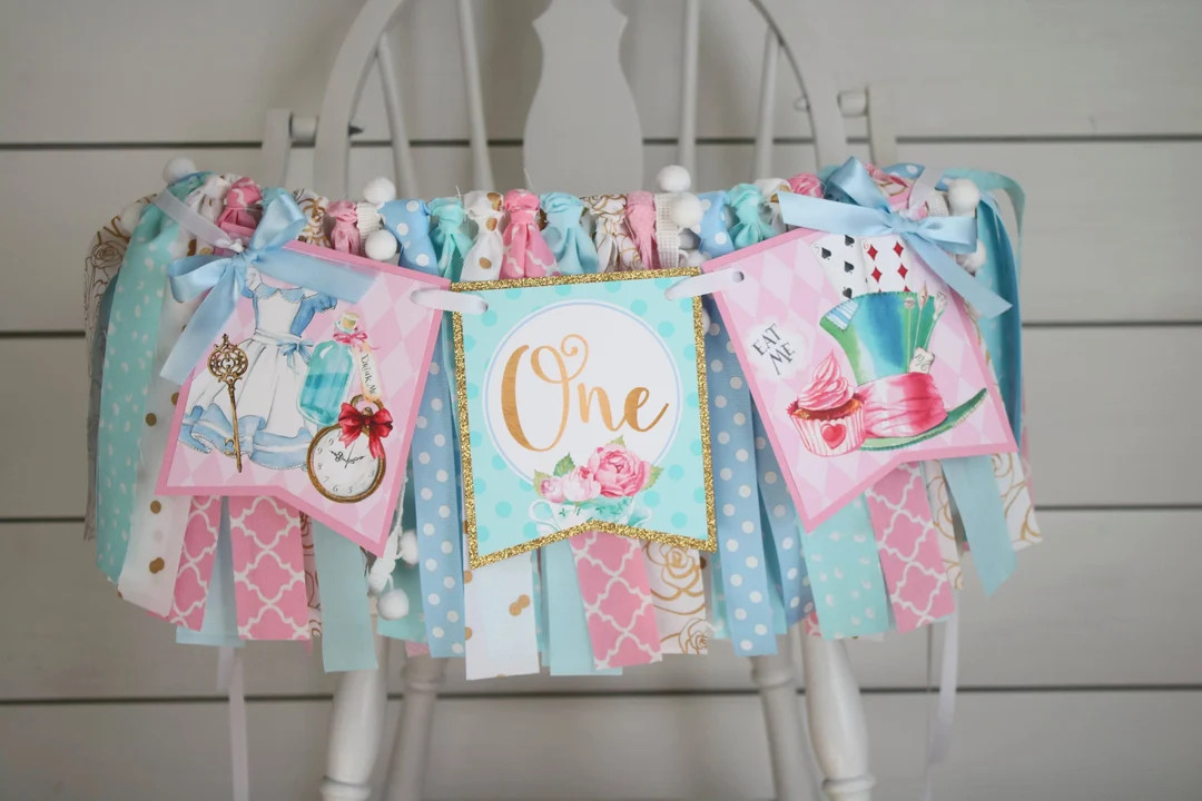 Alice in Onederland High Chair Fabric Garland, Pastel Pink Blue Aqua Birthday High Chair Decorati... | Etsy (US)