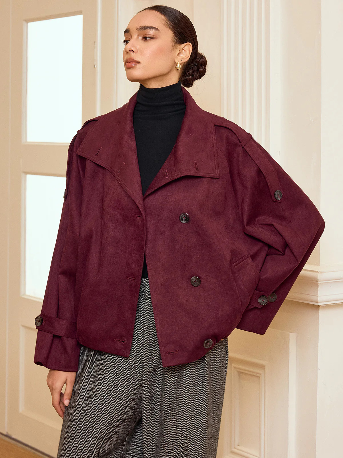 Suede Cropped Trench Jacket | Commense