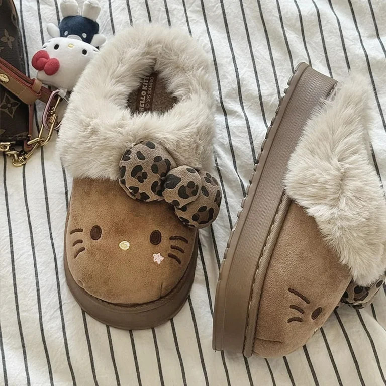 Women's Hello Cat Slippers Suede Fuzzy, Leopard print Slippers Anti-Slip Thick Sole Fleece Warm H... | Walmart (US)