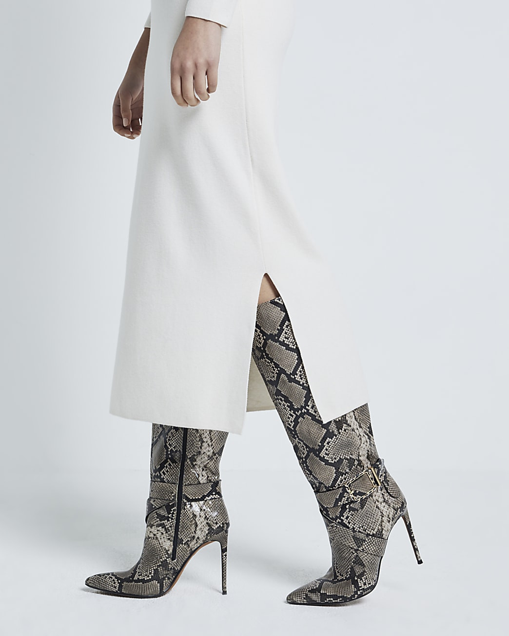 Beige Snake Buckle Knee High Heeled Boots | River Island UK & IE