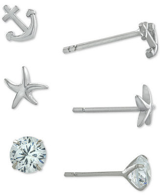 3-Pc. Set Cubic Zirconia Nautical-Themed Stud Earrings in Sterling Silver, Created for Macy's | Macy's