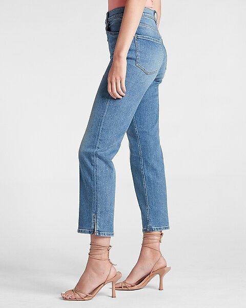 Super High Waisted Medium Wash Button Fly Cropped Straight Jeans | Express