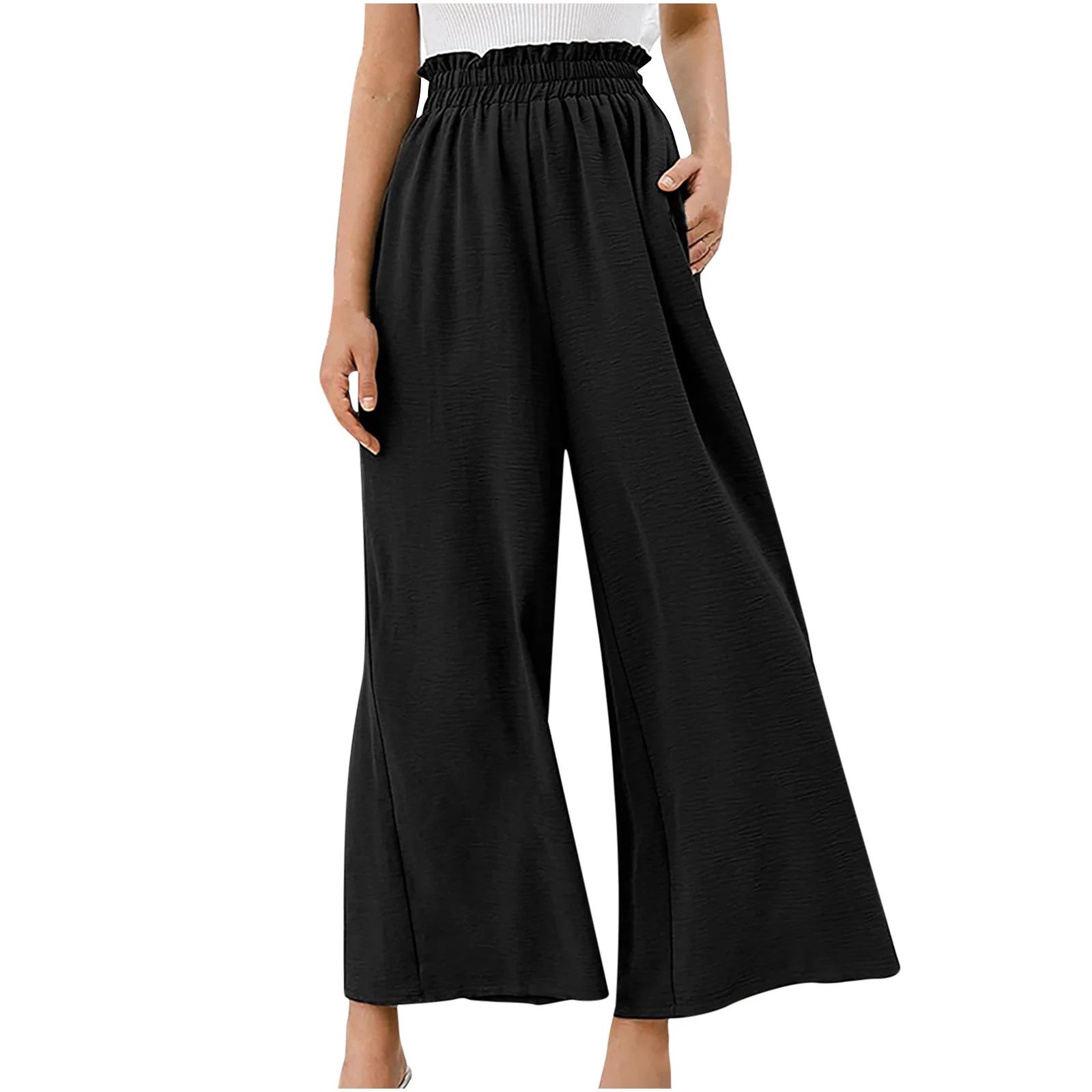 Women's Wide Leg Palazzo Pants, Fashion Ruffle Elastic High Waisted Solid Color Plus Size Cropped... | Walmart (US)