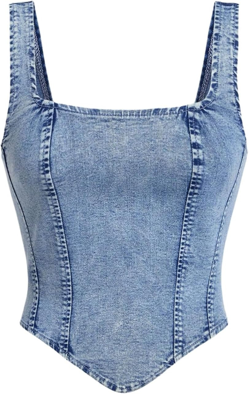 WDIRARA Women's Denim Corset Tank Top Crop Sleeveless Zip Up Back Tops | Amazon (US)