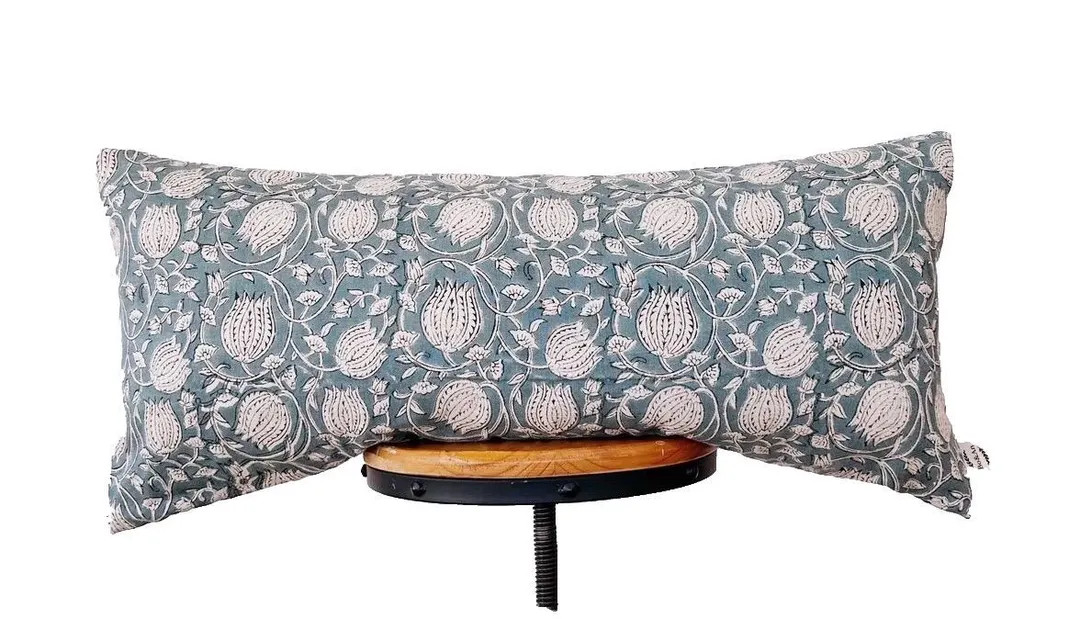 block print linen pillow, gray blue floral pillow. lumbar pillow cover.14×30"14×34"14×46" | Etsy (US)