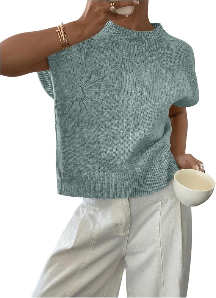 SOLY HUX Women's Ribbed Sweater Crew Neck Short Sleeve Loose Fit Floral Knit Pullover Tops | Amazon (US)