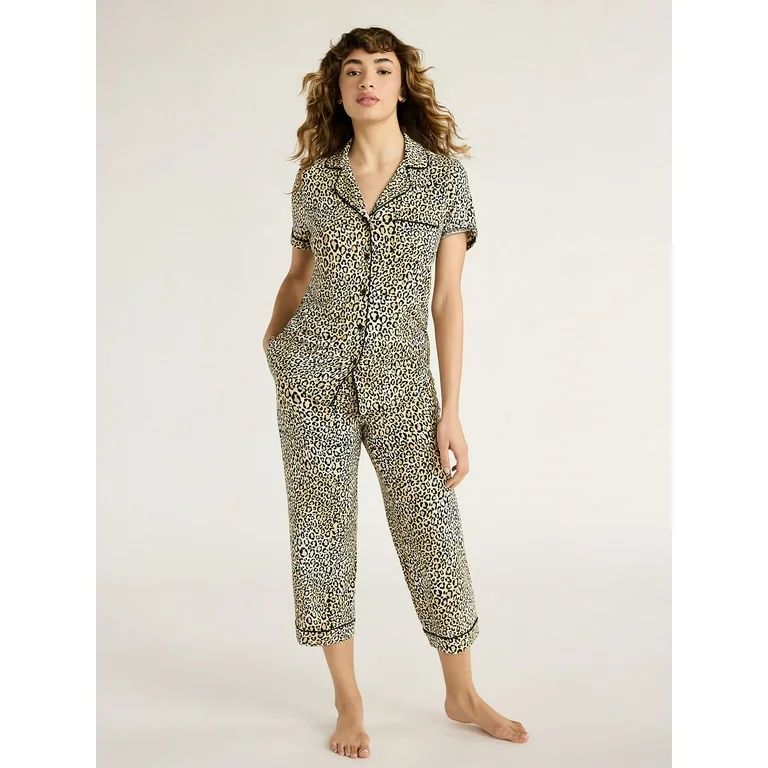 Joyspun Women's Knit Notch Collar Top and Capri Pants Pajama Set, 2-Piece, Sizes S to 3X | Walmart (US)