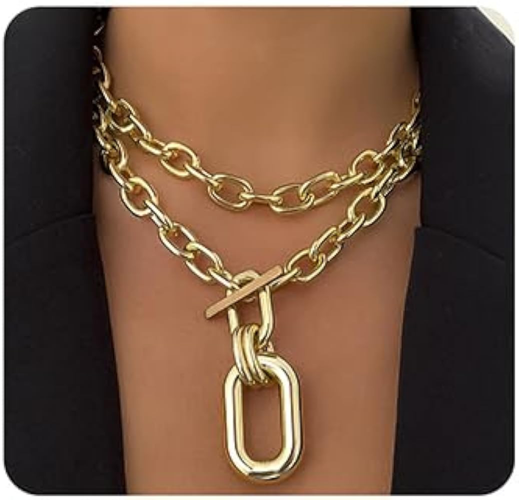 Jumwrit Layered Necklaces Chunky Chain Toggle Necklaces Statement Choker Necklaces Punk Carabiner... | Amazon (US)
