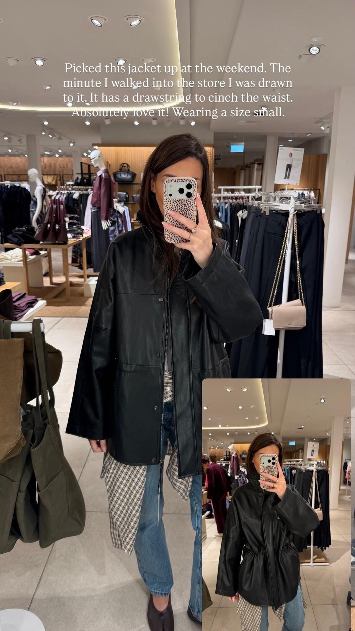 Faux leather drawstring jacket! Wearing size small x