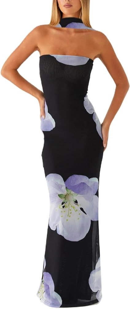 Y2k Strapless Tube Top Maxi Dress for Women with Neck Scarf Summer Mesh Backless Bodycon Long Flo... | Amazon (US)