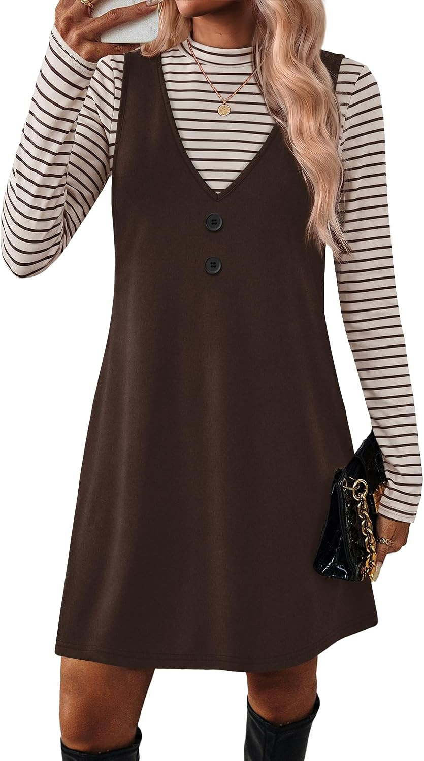 OFEEFAN Fall Dresses for Women 2 Piece Sets Long Sleeve Overall Dress with Pockets Abvoe Knee Fashion Winter Clothing | Amazon (US)