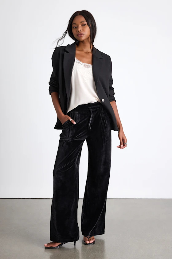 Haira Black Velvet Wide-Leg Mid-Rise Trouser Pants | Lulus