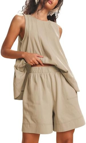 Womens 2 Piece Lounge Set Casual Summer Outfits Sleeveless Tank Top and Elastic Waist Shorts with... | Amazon (US)