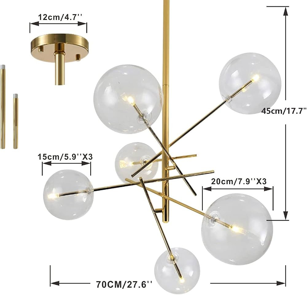 KCO Lighting Sputnik Chandelier 6-Light Gold Metal Ceiling Pendant Light Fixtures with Clear Glass S | Amazon (US)
