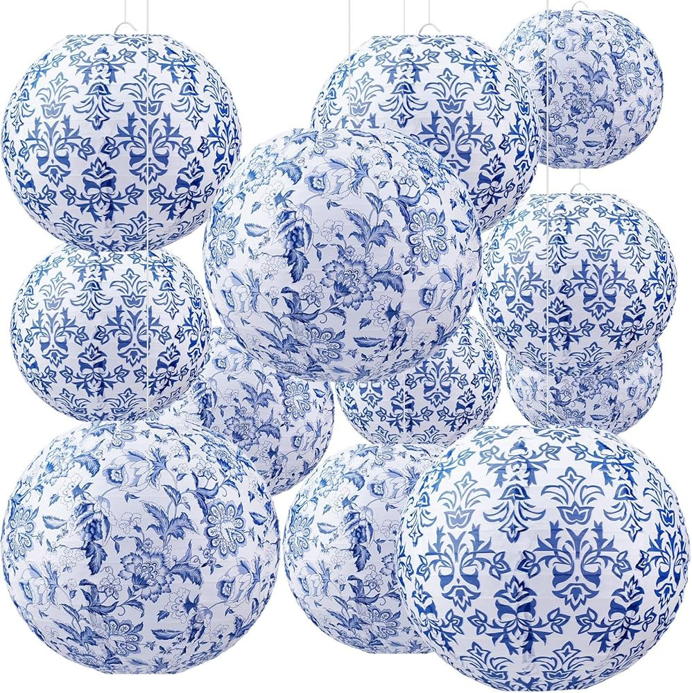 Retisee 12 Pcs Chinoiserie Paper Lantern Set 10 Inches Blue and White Porcelain Print Chinese Rou... | Amazon (US)