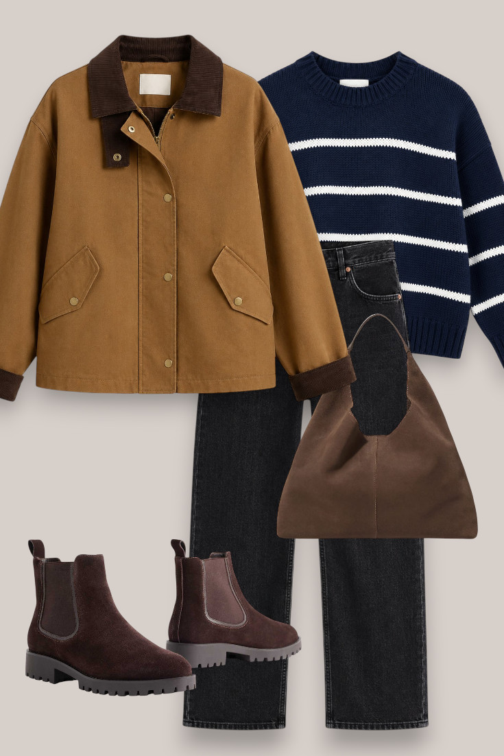 One of my favourite casual fall outfit formulas: striped knit + black jeans + chunky boots + a barn jacket. Easy, practical and cosy without feeling boring. The chocolate suede bag pulls the whole look together. 

 #LTKautumn #LTKjeans #LTKstyletip