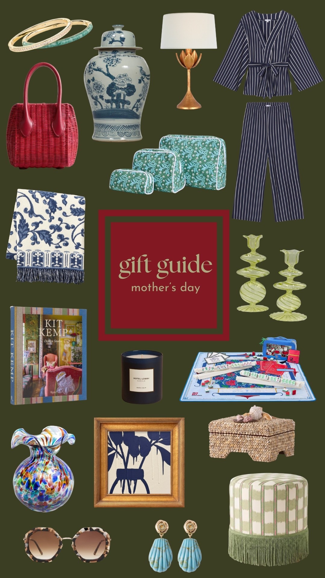 Mother’s Day Gift Guide, Mother’s Day gifts, mahjong gift, chinoiserie blanket, custom ottoman, makeup bags, red handbag, design books, abstract art, shell box, shell earrings, ginger jar

#LTKMothersDay #LTKOver40 #LTKHome