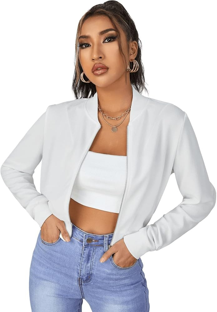 SweatyRocks Women's Casual Long Sleeve Solid Zip Up Coat Crop Bomber Jacket | Amazon (US)