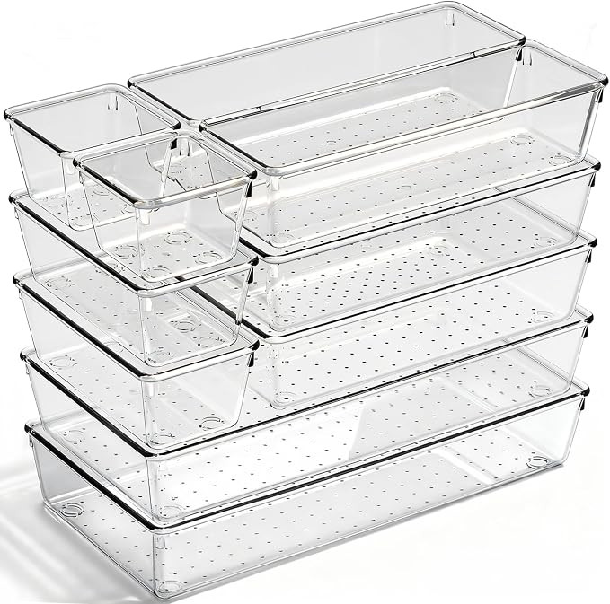 Drawer Organizer, 10 Pack Large Clear Plastic Organizer Bins 5 Sizes, Versatile Bathroom Drawer T... | Amazon (US)