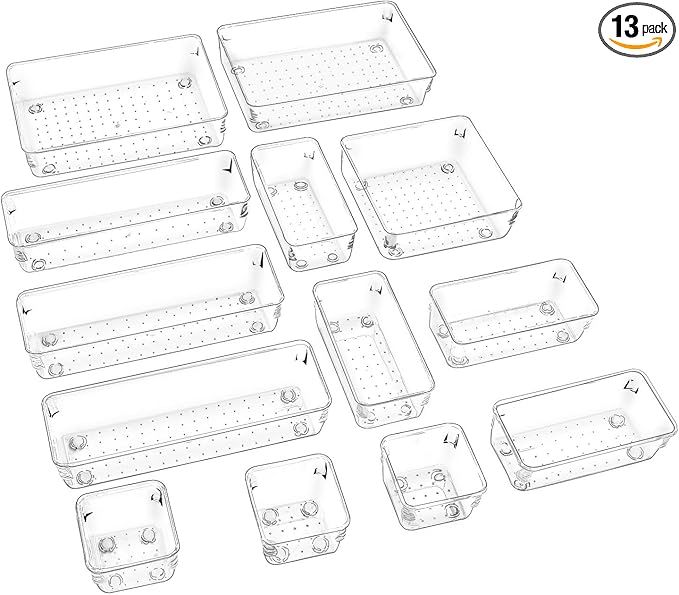 Puricon 13 Pcs Desk Drawer Organizers Trays Set Clear Plastic Storage Bins Bathroom Drawer Tray D... | Amazon (US)